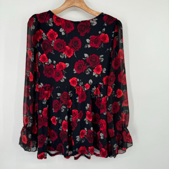 Torrid size 1X plus Black red  Floral Surplice Babydoll Top  Sheer Sleeves new - Picture 12 of 12